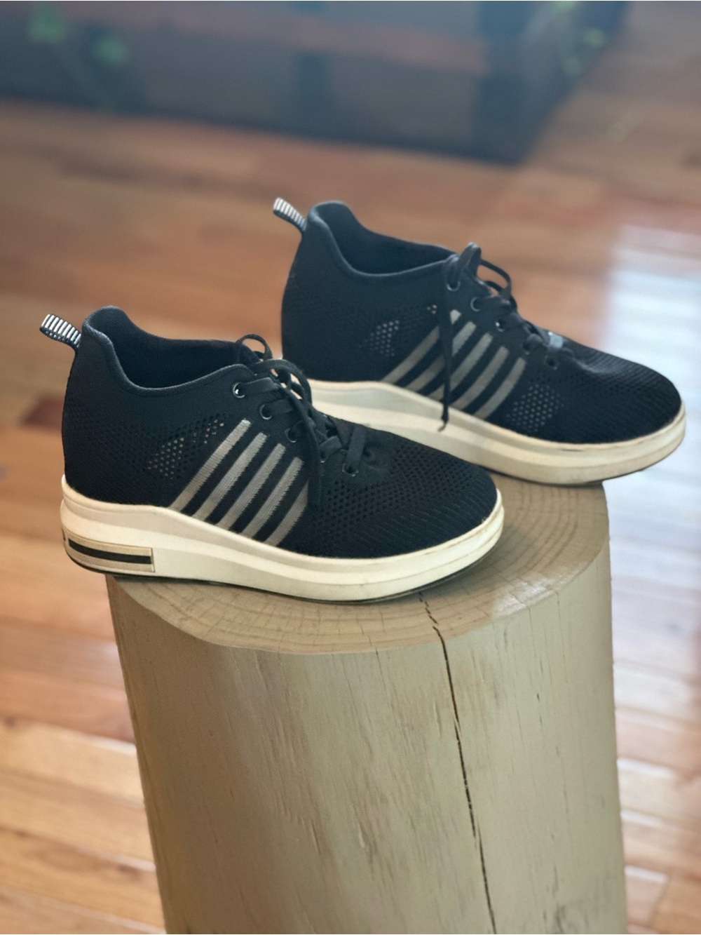 Black Knit Mesh Lace-Up Sneakers with White Platform